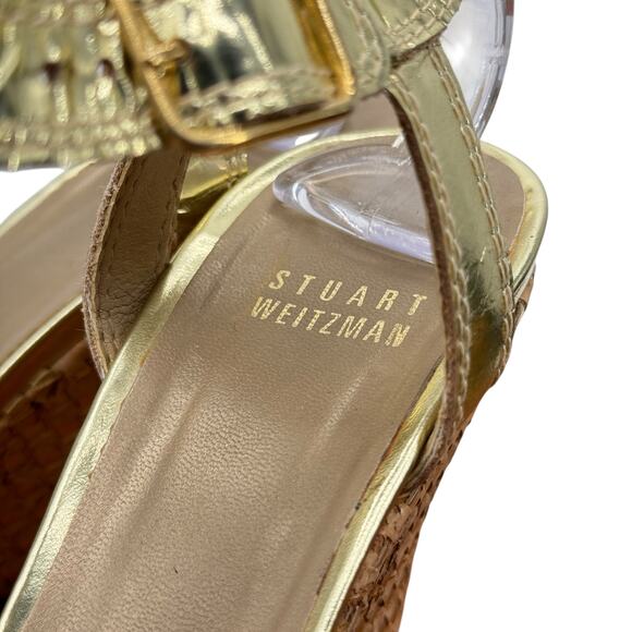 Stuart Weitzman Juty Woven Gold Metallic Wedge Sandal Women 6.5 Resort Luxe Glam - Picture 4 of 9